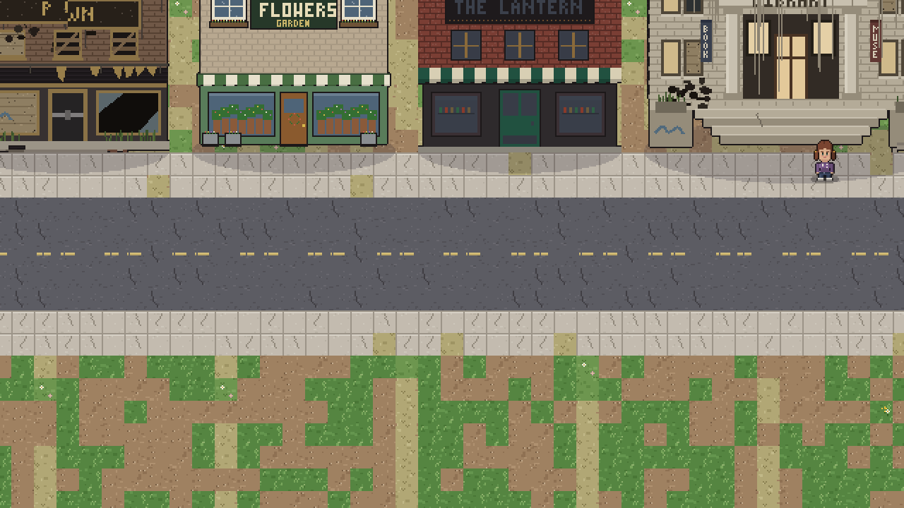 Main Street restored: the flower shop, the Lantern and the library open, people on the sidewalk.