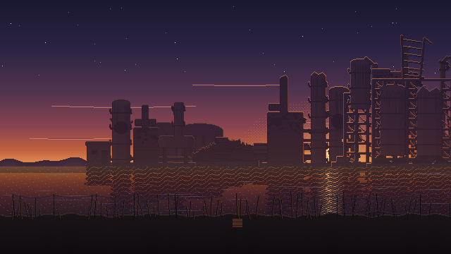 The dead refinery at dusk across the lake, chained shut for years.